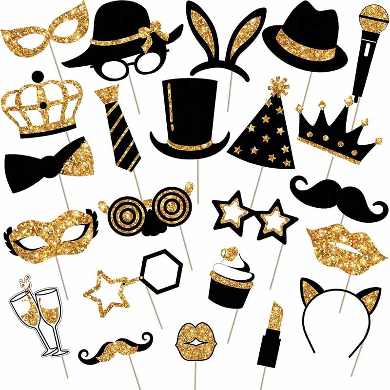 Photo Booth Frame - 23Pcs Black Golden Paper Party Photo